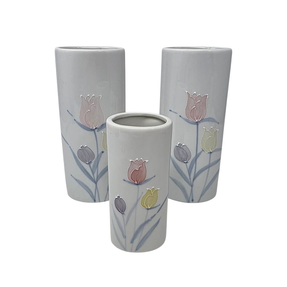 Vintage 3 Piece Ceramic Tulip Vase Set White Ceramic Floral Bud Vases